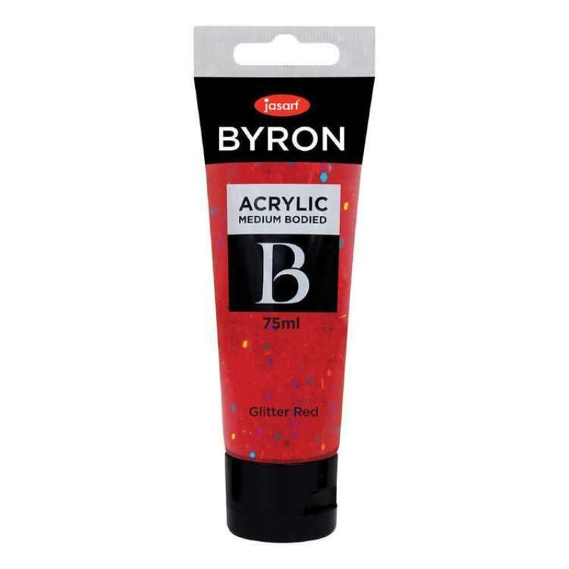 Glitter red acrylic paint in a 75ml bottle, ideal for vibrant art projects with intense color and shimmer.