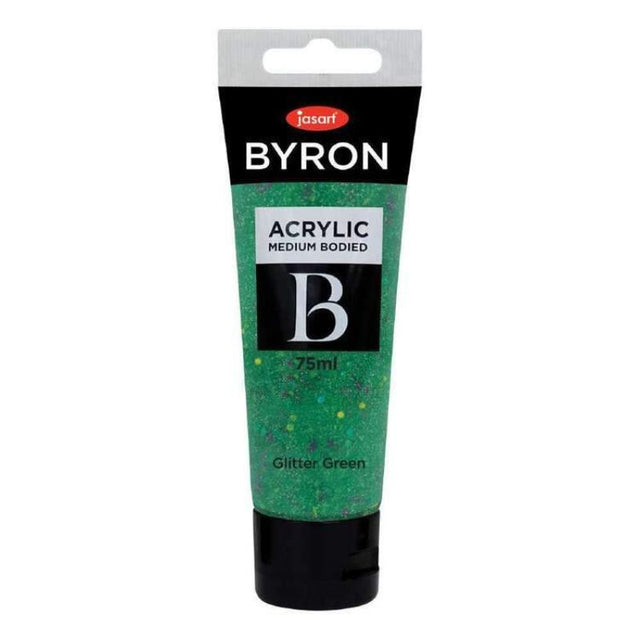 Glitter green acrylic paint in a 75ml tube, perfect for vibrant art projects with smooth application and shimmering finish.