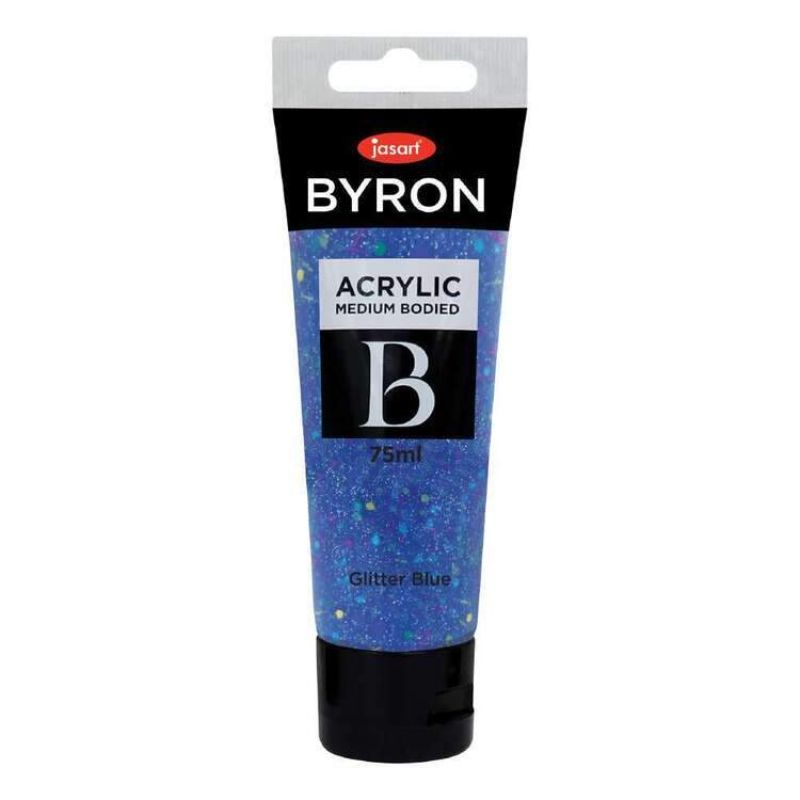 Vibrant glitter blue acrylic paint in a 75ml bottle, perfect for adding shimmering color to art projects.