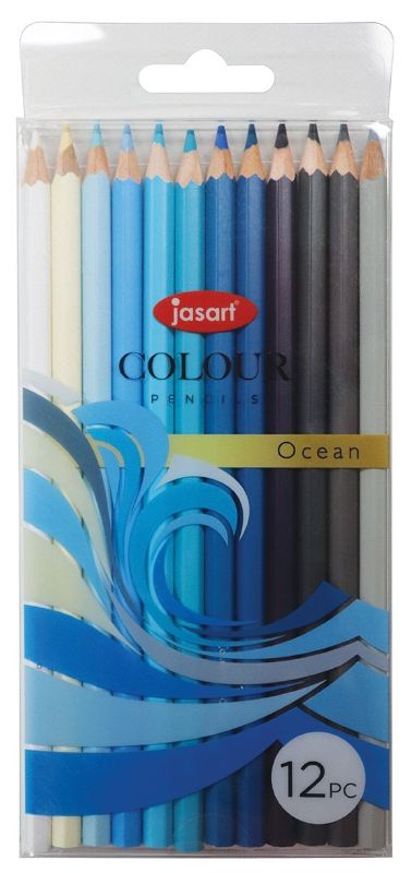 JASART STUDIO colored pencil set of 12 in ocean hues, ideal for artists with break-resistant leads and excellent coverage.