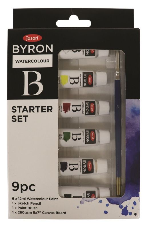 JASART BYRON Watercolour Starter Set: 6 vibrant paint tubes, brush, pencil, and canvas for artistic exploration.