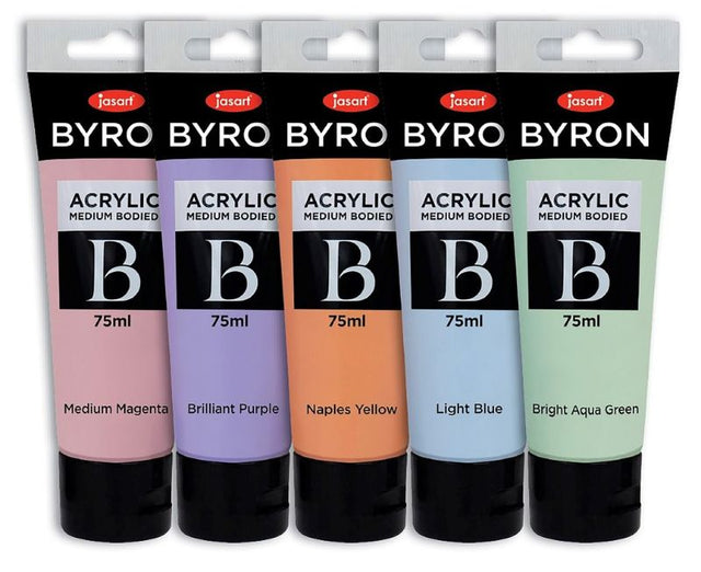 JASART BYRON pastel acrylic paint set of 5 in 75ml tubes for vibrant, smooth application on various surfaces.