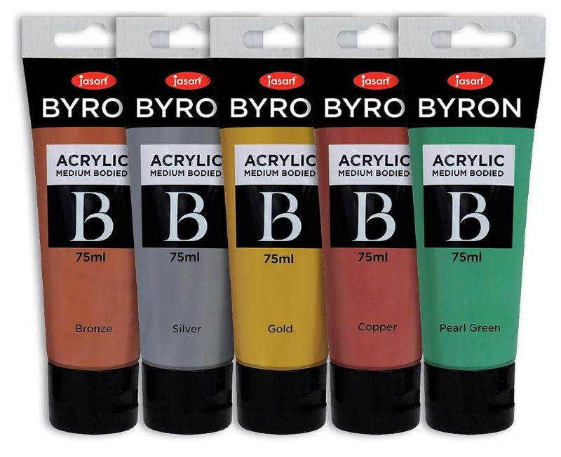 Set of 5 metallic acrylic paints in 75ml tubes, featuring vibrant colors for versatile art and craft projects.