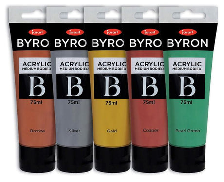 Set of 5 metallic acrylic paints in 75ml tubes, featuring vibrant colors for versatile art and craft projects.