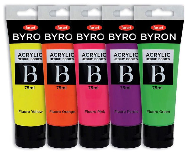 Colorful JASART BYRON acrylic paint set of 5 fluorescent tubes, ideal for vibrant and dynamic artwork on various surfaces.