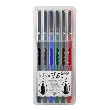 Vibrant set of 6 Marvy Le Pen Flex markers with flexible brush tips for lettering and creative projects.