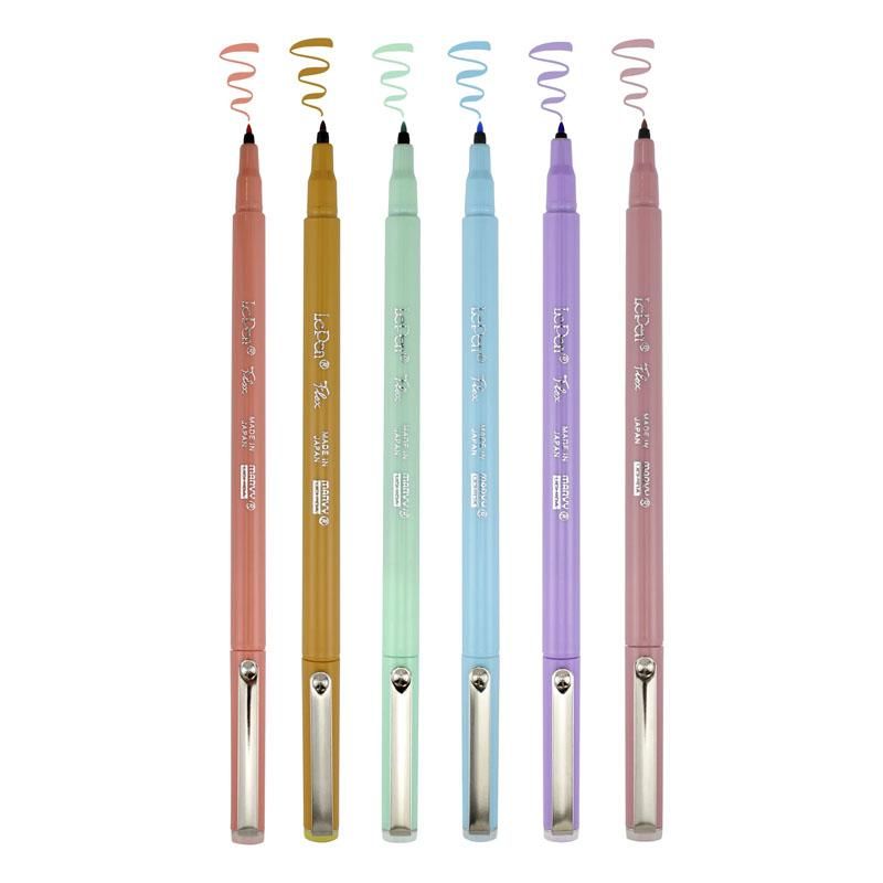 Pastel-colored MARVY Le Pen Flex markers with flexible brush tips for hand lettering and creative projects.