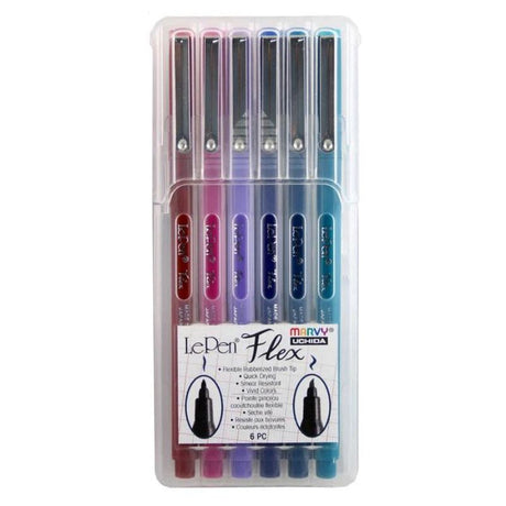 Set of 6 MARVY LE PEN FLEX pens featuring flexible brush tips in vibrant jewel colors for creative projects and hand lettering.