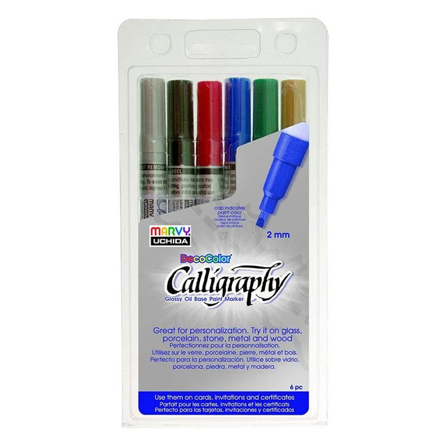 MARVY Calligraphy Paint Marker Set of 6 features oil-based, glossy markers in gold, silver, red, blue, green, and black for artistic designs.