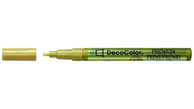 Gold MARVY DECO paint marker for calligraphy, featuring three tip shapes for versatile artistic expression on various surfaces.