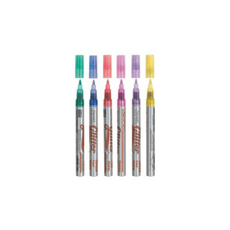 Set of 6 Marvy DecoColour Glitter Paint Markers in vibrant colors for versatile crafting on various surfaces.