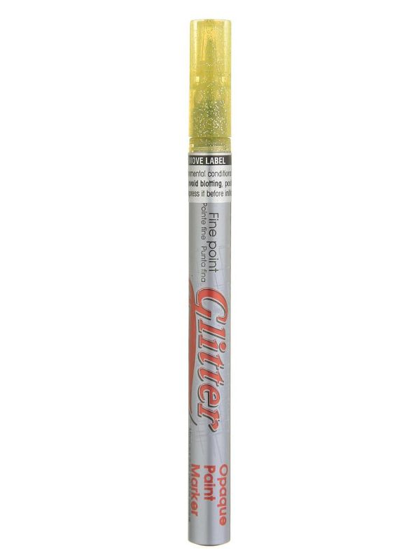 Vibrant yellow MARVY DECO glitter paint marker for adding sparkle to crafts, ideal for various surfaces and precise applications.