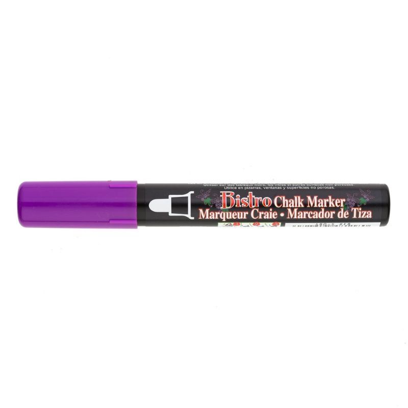 Marvy Bistro Chalk Marker 480 in Fluro Violet for vibrant designs on non-porous surfaces, erases easily with a damp cloth.