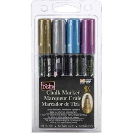 Set of 4 MARVY BISTRO chalk markers with chisel tips for precise metallic writing and illustrations on various surfaces.