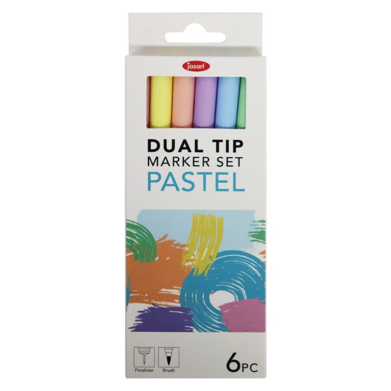 JASART Dual Nib Brush Fineliner set of 6 pastel markers for versatile art, journaling, and coloring with dual tips.