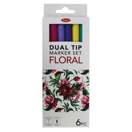 A set of 6 vibrant dual nib brush fineliners with floral colors for precise lines and creative flair in art projects.