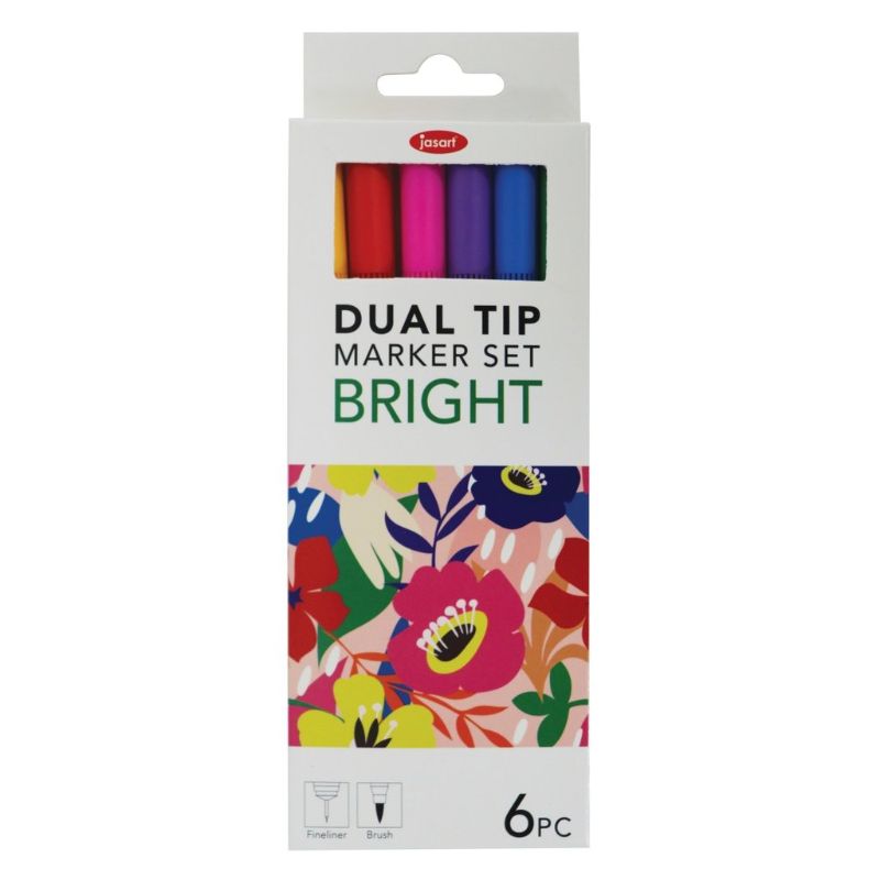 Set of 6 JASART dual nib brush fineliners in bright colors, perfect for detailed artwork and vibrant journaling.