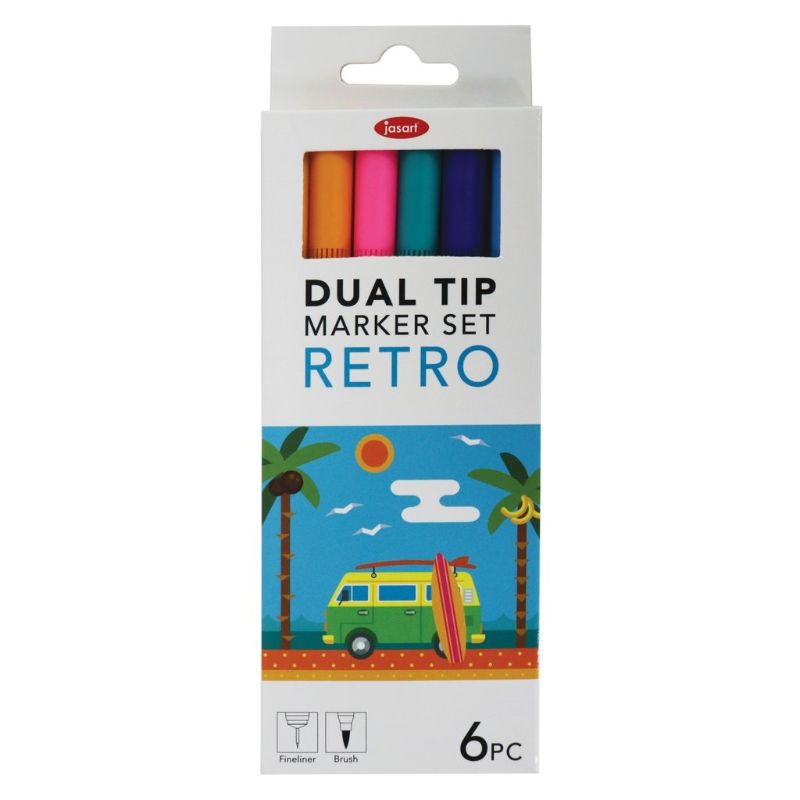 Set of 6 retro dual nib brush fineliners featuring fine point and flexible brush tips for vibrant art creation.