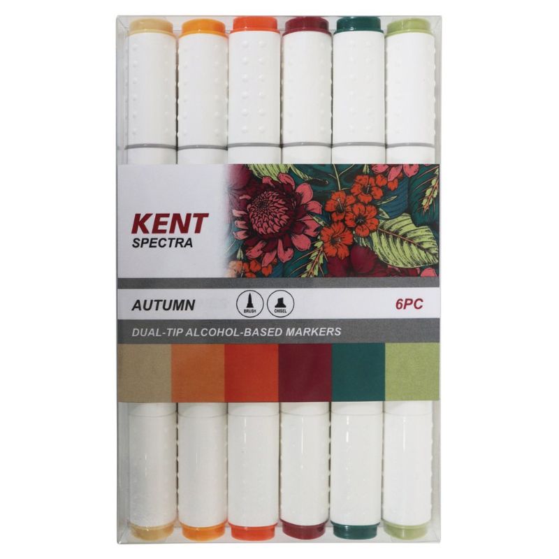 KENT SPECTRA set of 6 dual-tip graphic design markers with brush and chisel nibs for versatile artistry and vibrant colors.