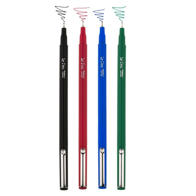 Set of 4 MARVY LE PEN in primary colors, featuring fine-tipped, acid-free ink for precise writing and artistic projects.