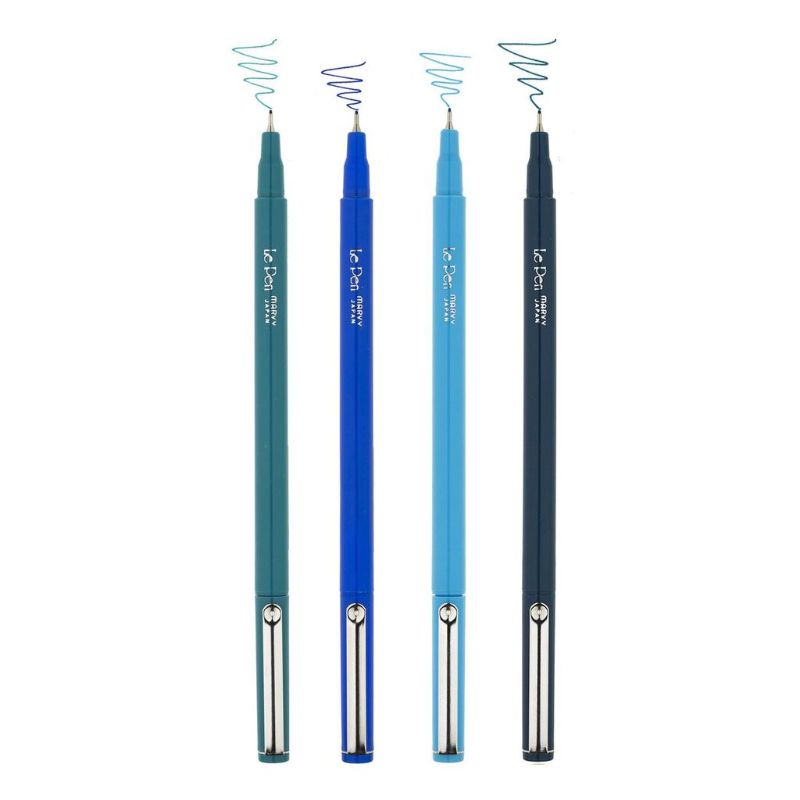 Set of four blue MARVY Le Pen fine-point pens, ideal for precise writing, doodling, and bullet journaling. Acid-free, non-toxic ink.