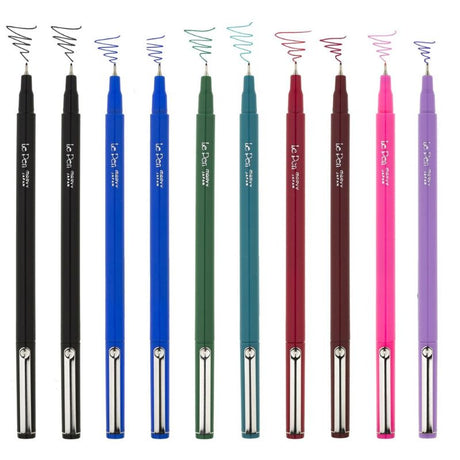 Set of 10 MARVY LE PEN fine line pens with micro-fine tips in vibrant colors, perfect for precise writing and creative projects.