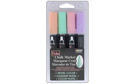 Set of 4 pastel MARVY BISTRO chalk markers with chisel tips for vibrant, erasable writing and drawing on various surfaces.