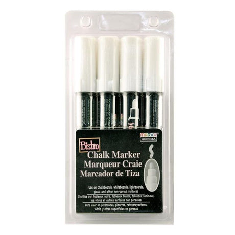 Set of 4 Marvy Bistro White Chalk Markers with chisel tips for versatile, vibrant, and erasable art on non-porous surfaces.