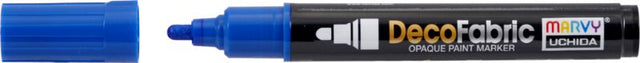 Vibrant blue MARVY DECO fabric paint marker for detailed designs, safe for all ages, ideal for crafting and personalizing fabric.