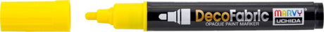 Vibrant yellow fabric paint marker with fine tip for detailed designs, ideal for personalizing and enhancing fabric crafts.