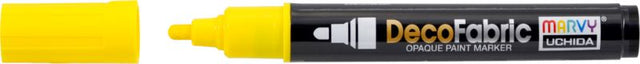 Vibrant yellow fabric paint marker with fine tip for detailed designs, ideal for personalizing and enhancing fabric crafts.