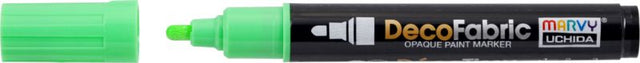 Vibrant FL GREEN MARVY DECO fabric paint marker with fine tip for detailed designs on various fabric surfaces.