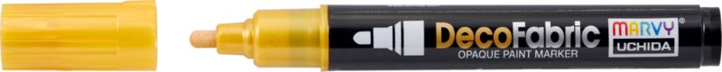 Gold MARVY DECO FABRIC PAINT MARKER #223 with fine tip for detailed fabric designs, ideal for vibrant artwork and personalization.