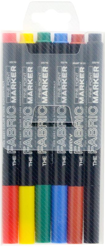 Set of 6 Marvy fabric markers in primary colors for detailed designs on shirts and crafts, water-resistant, no heat required.