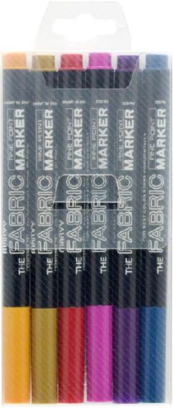 MARVY Fabric Marker Set of 6 in Victorian colors, featuring fine tips for precise, water-resistant fabric art and designs.