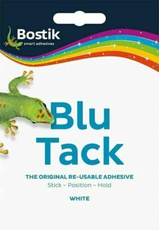 Reusable BOSTIK Blu Tack 75g pack in white, perfect for posters, crafts, and safe adhesive without mess.