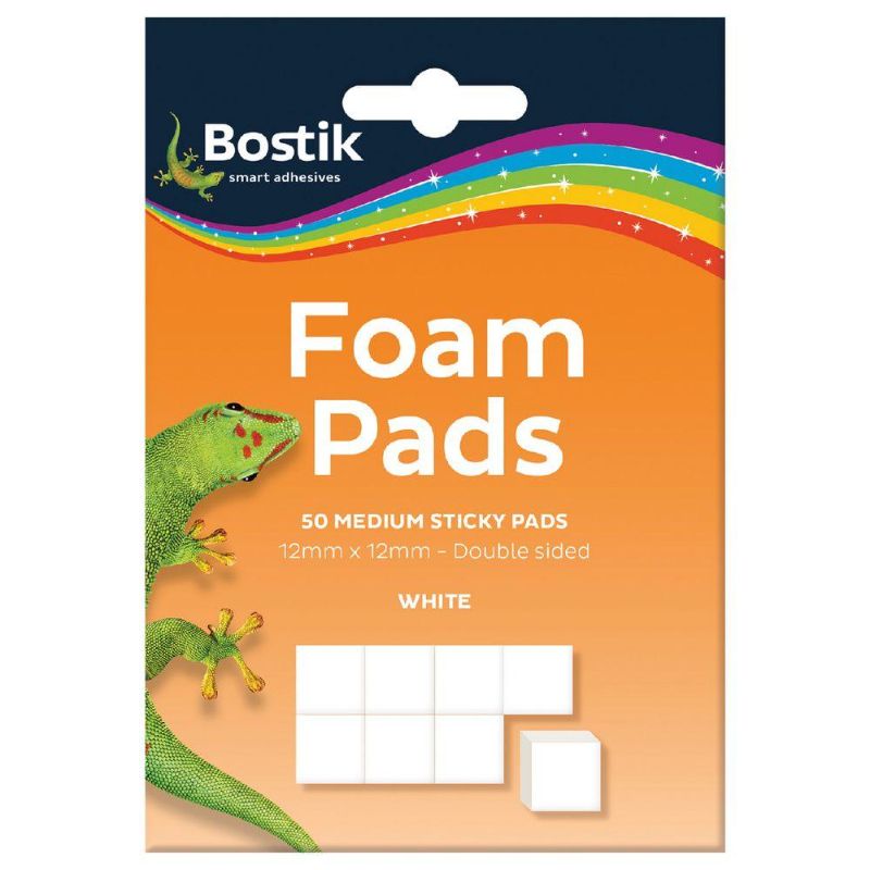 BOSTIK Foam Pads pack of 50, double-sided, 4mm thick, ideal for 3D effects in DIY projects and crafts.