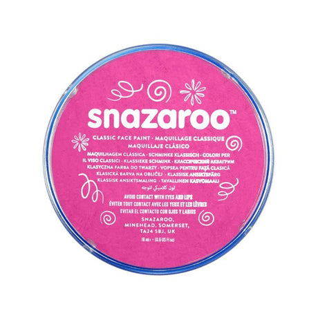 Bright pink SNAZAROO face paint in a 18ml pot, perfect for vibrant body art and easy wash-off for all ages.