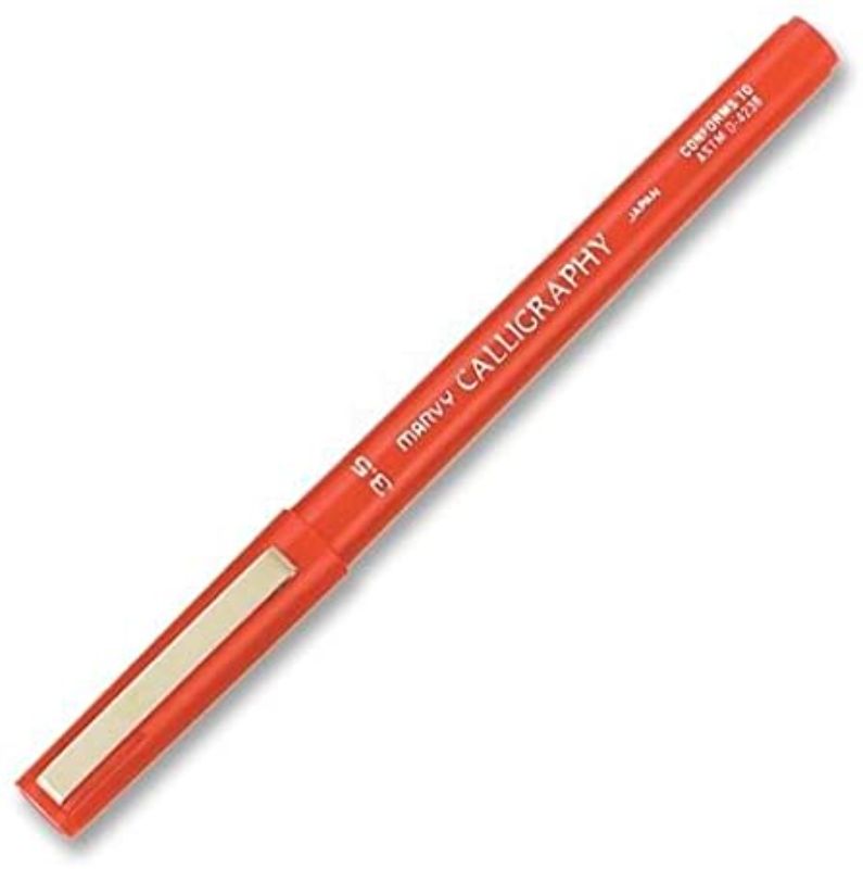 Vibrant red Marvy calligraphy pen with 3.5mm flat nib, perfect for expressive lettering and paper crafting projects.