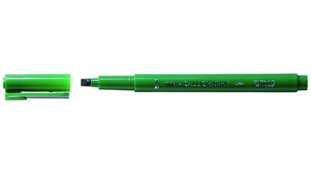 Green Marvy calligraphy pen with a 5.0mm nib, ideal for elegant writing and artistic projects on various paper types.