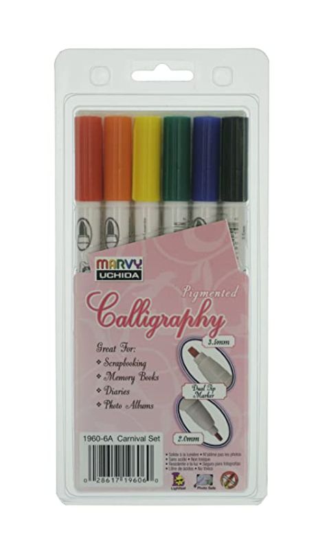 Set of 6 Marvy calligraphy markers in vibrant Carnival colors, designed for versatile lettering and artistic creations.