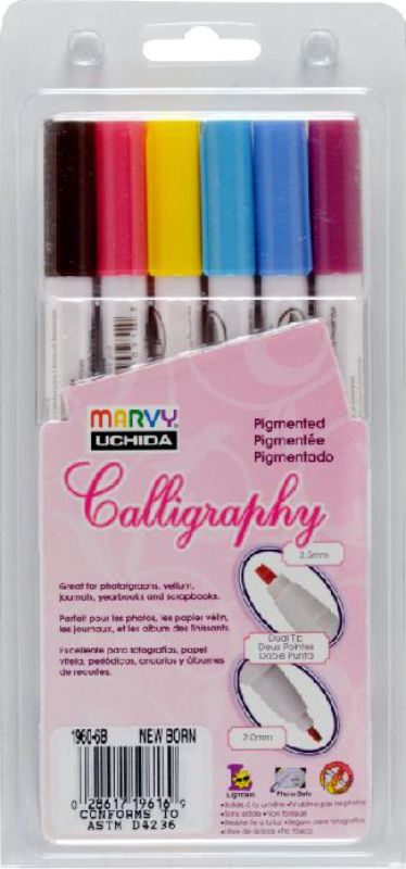 Set of 6 MARVY calligraphy markers featuring dual nibs for versatile lettering on various surfaces.