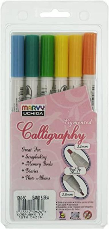 Set of 6 Marvy Calligraphy Pigmented Markers in Sand and Sea colors, featuring double-ended nibs for versatile lettering.