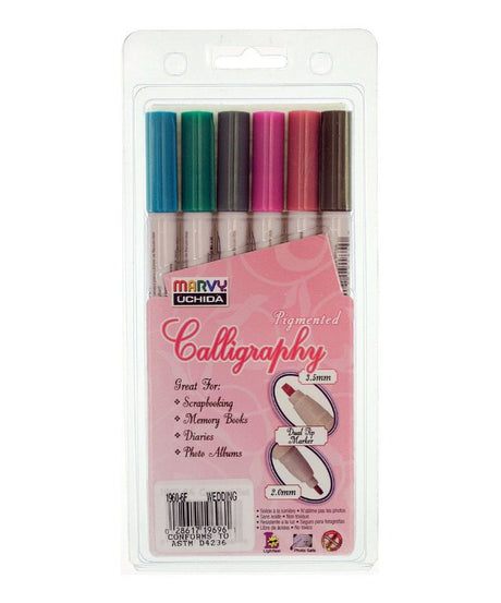 Set of 6 Marvy Calligraphy Pigmented Markers with double-ended nibs for versatile lettering on various surfaces.