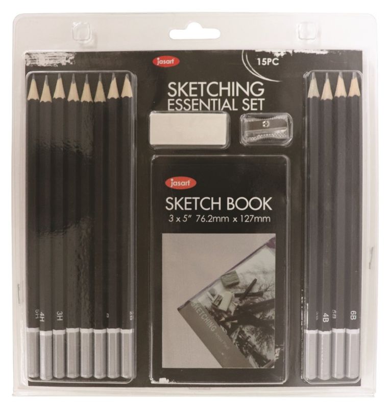 JASART ESSENTIAL SKETCHING SET OF 15 featuring pencils, charcoal, and paper for artists and students to enhance creativity.