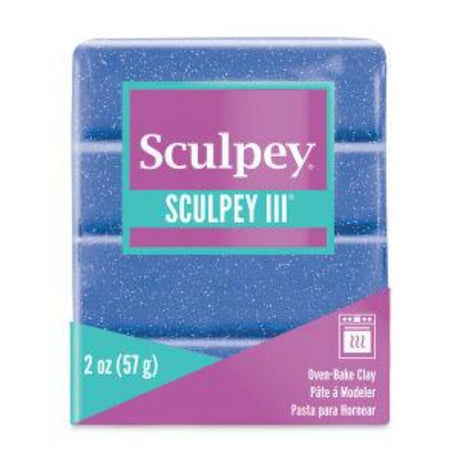 Blue glitter polymer clay from Sculpey III, 57g pack, ideal for creative projects with sparkling effects.