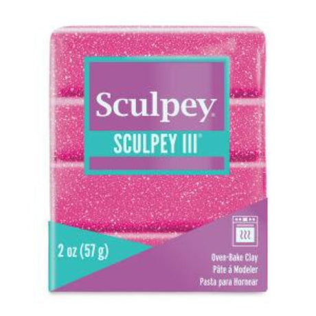 SCULPEY III Pink Glitter oven-bake clay, ideal for artists, crafters, and DIY projects with a sparkling finish.