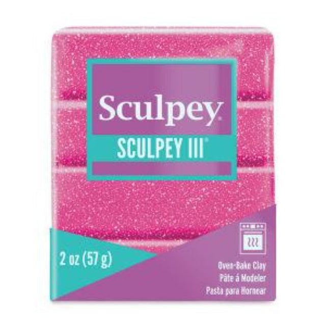 SCULPEY III Pink Glitter oven-bake clay, ideal for artists, crafters, and DIY projects with a sparkling finish.