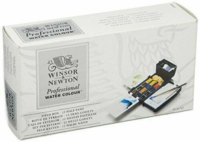 Compact Winsor & Newton watercolour set with 12 half pans, palettes, brush, water container, and sponge for outdoor artists.