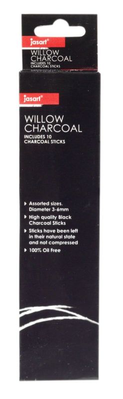 JASART Willow Charcoal Assorted Pack of 10, featuring premium, oil-free charcoal sticks for drawing, sketching, and blending.